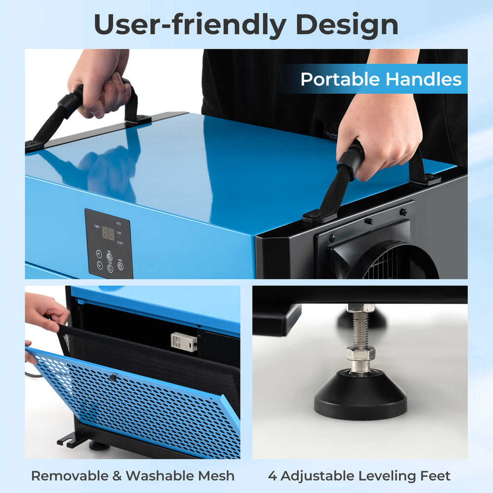 User-friendly blue 155 pint dehumidifier with portable handles, adjustable feet, and removable washable mesh for easy.