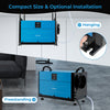 155 pint crawl space dehumidifier in blue with adjustable feet, showing freestanding and hanging installation options.