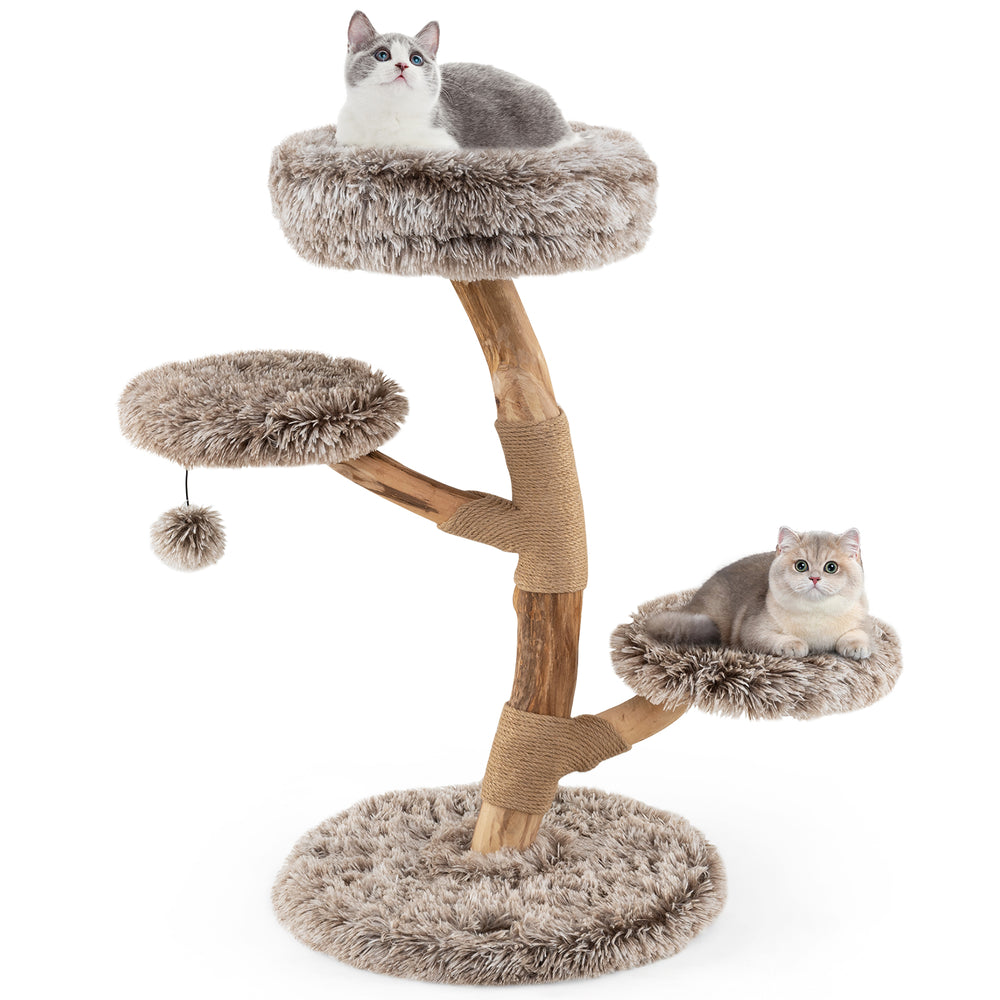 Cat Tree Solid Pear Wood with Perch and Natural Jute Scratching Posts-Brown - Gallery View 1 of 10