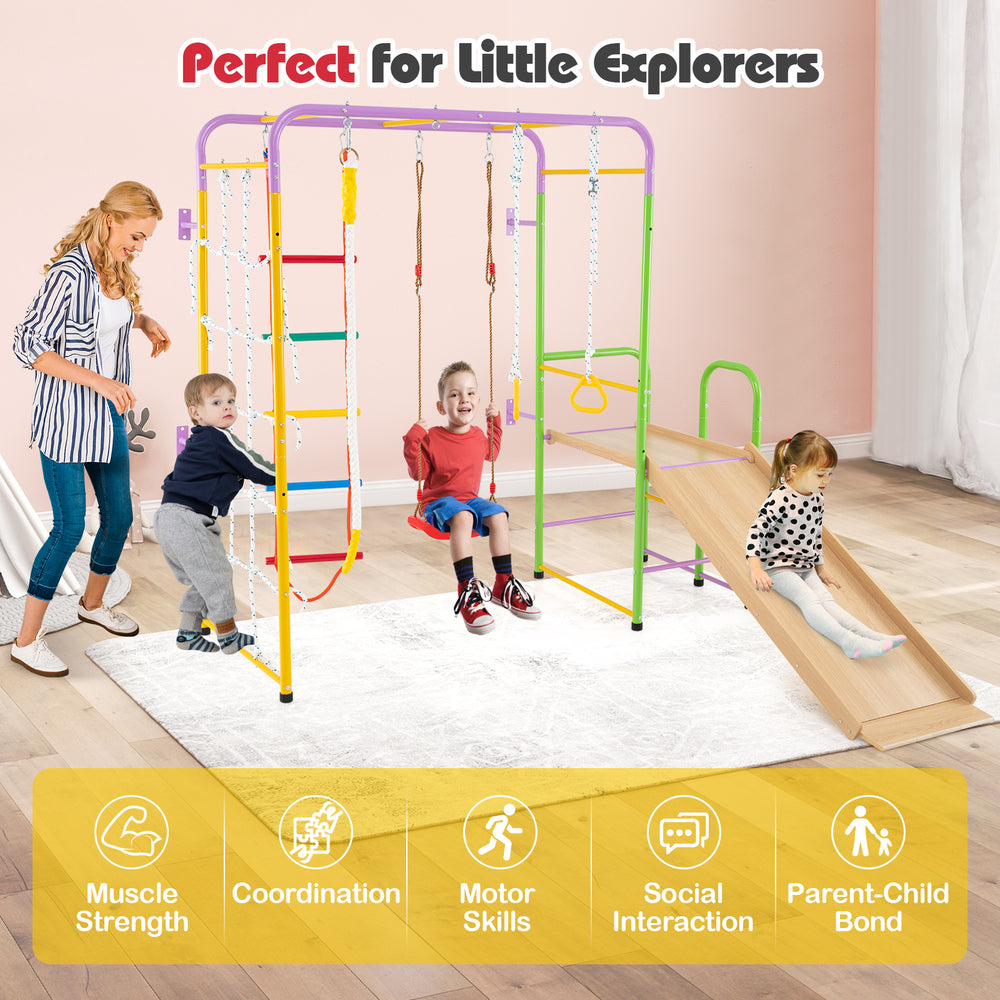 Indoor jungle gym playset with multicolor design, featuring swings, slide, and monkey bars for kids over 3 years old.