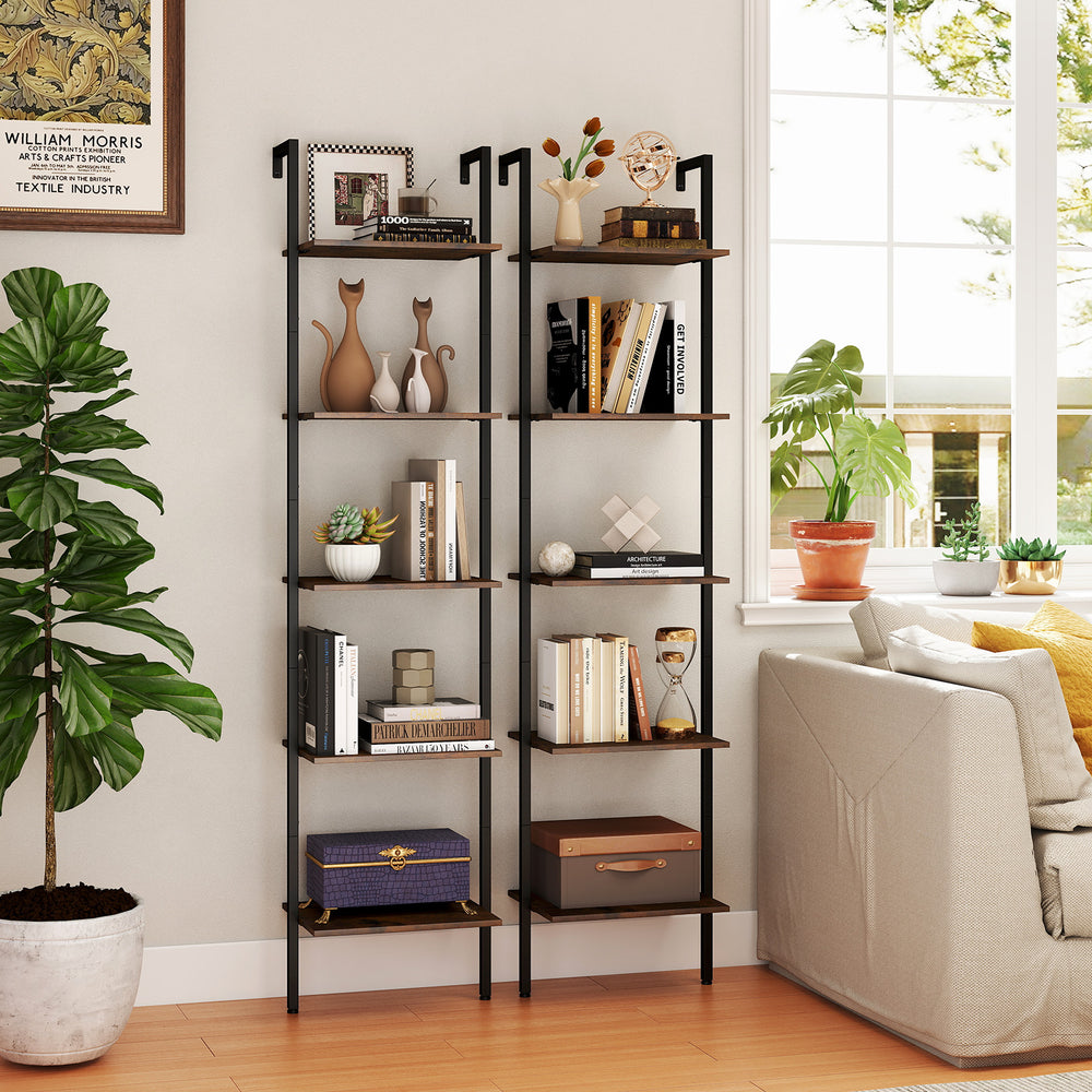 5-tier wall mount ladder shelf in rustic brown, designed for versatile storage and featuring a sleek, modern metal.