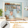 Closet organizer system with 7 shelves and 5 hanging rods, made of heavy-duty metal, ideal for laundry and bedroom use.