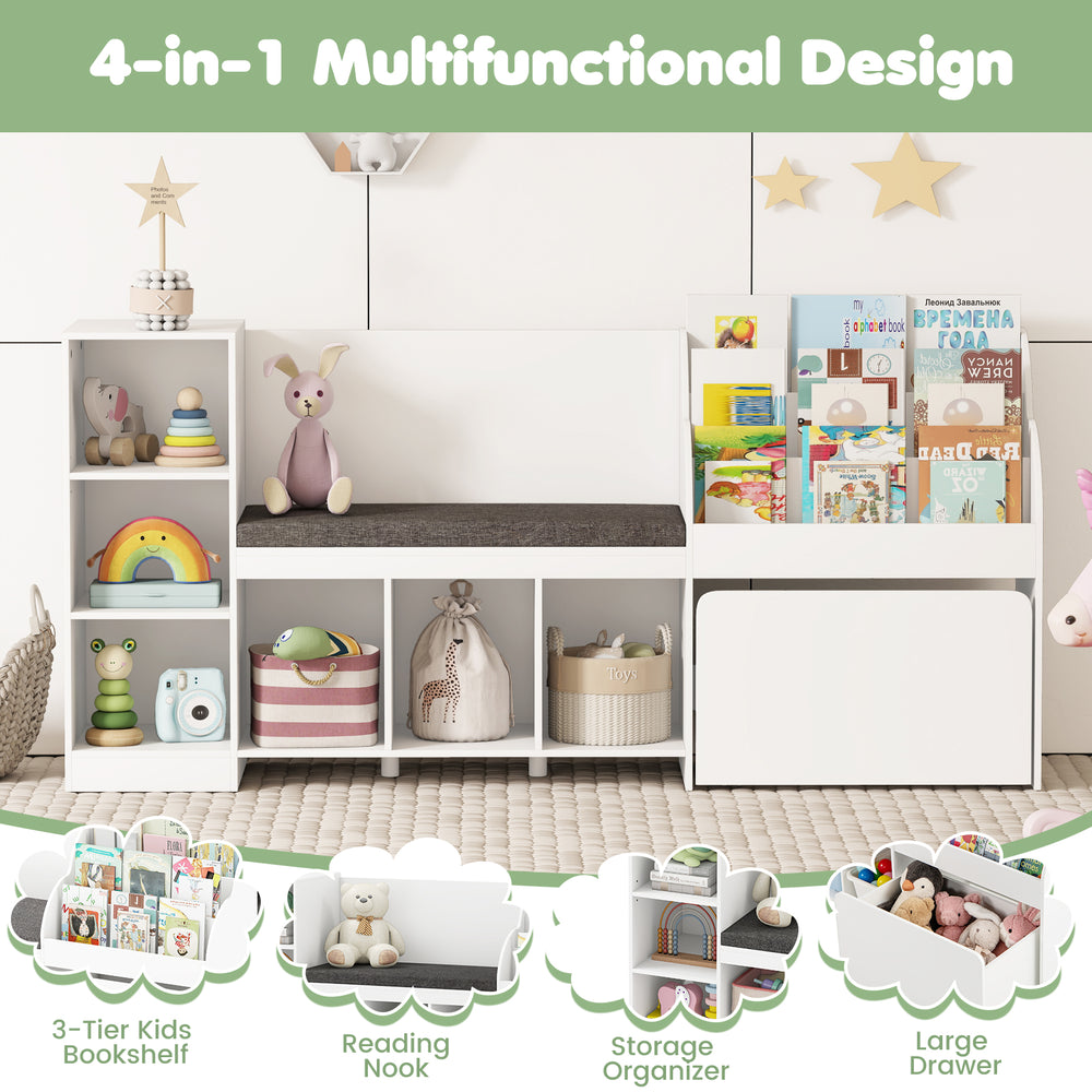Kids bookcase with reading nook, featuring 6 storage cubbies, adjustable shelves, and a removable cushion for comfort.
