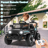 Black 12V kids ride-on truck with parent remote control, featuring LED headlights and a spring suspension system for.