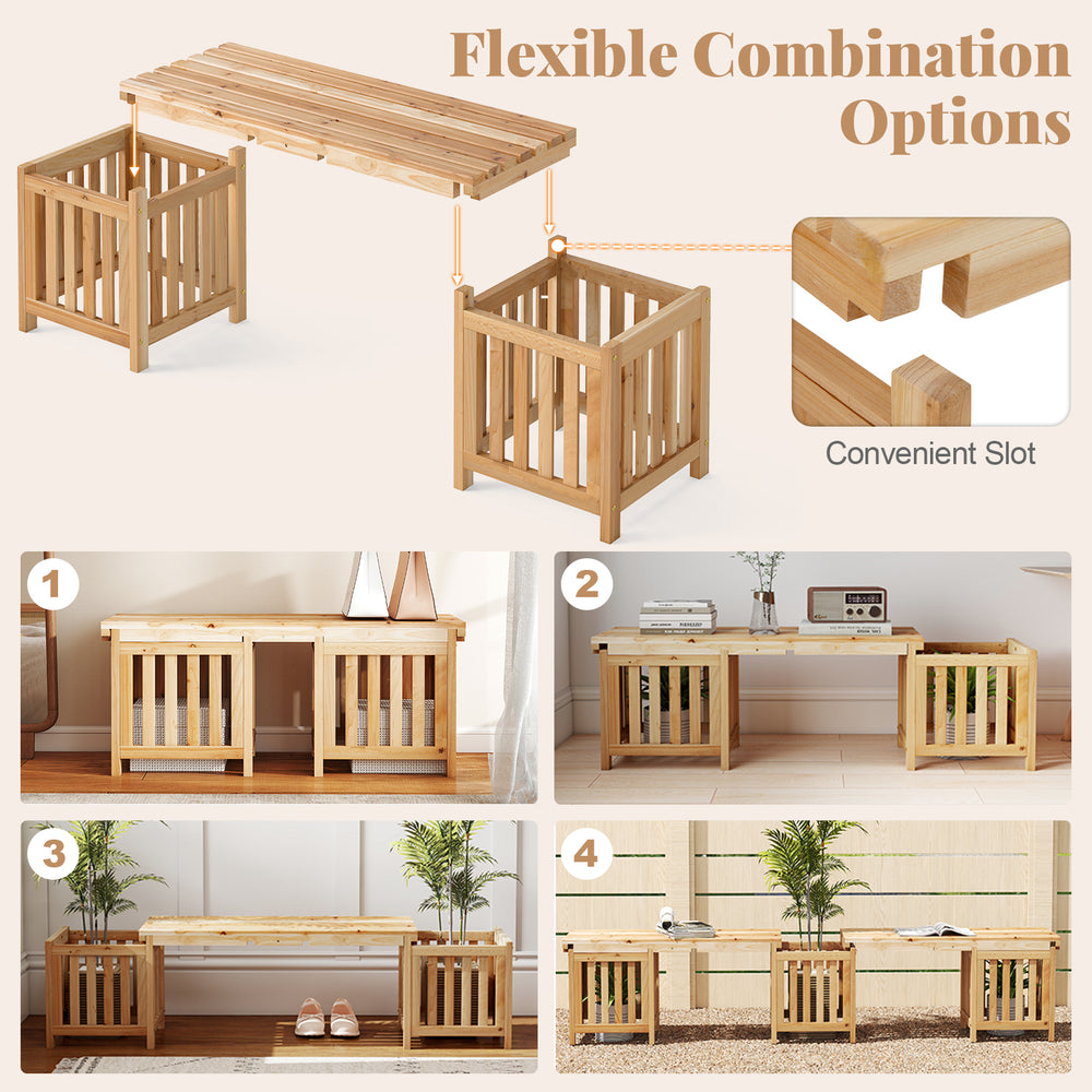 Patio wooden bench with planter, featuring natural fir wood, versatile 2-in-1 design for outdoor seating and planting.