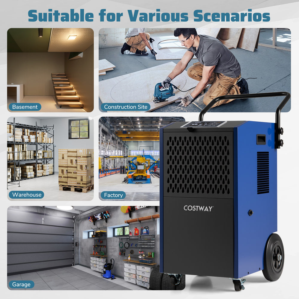154 Pints commercial dehumidifier in blue, designed for large spaces like basements and factories, featuring pump.