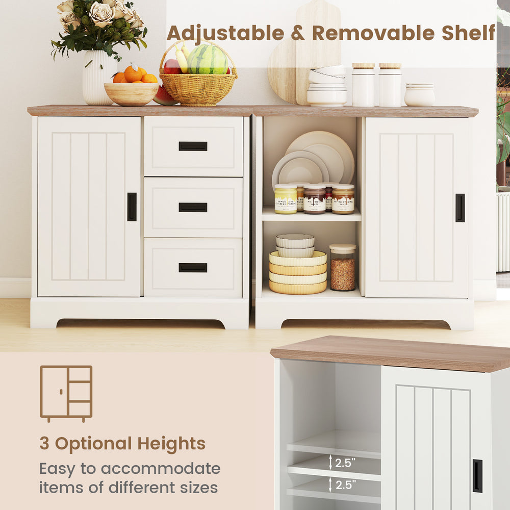 Farmhouse sideboard buffet cabinet with sliding doors, featuring adjustable shelves and three deep drawers for storage.