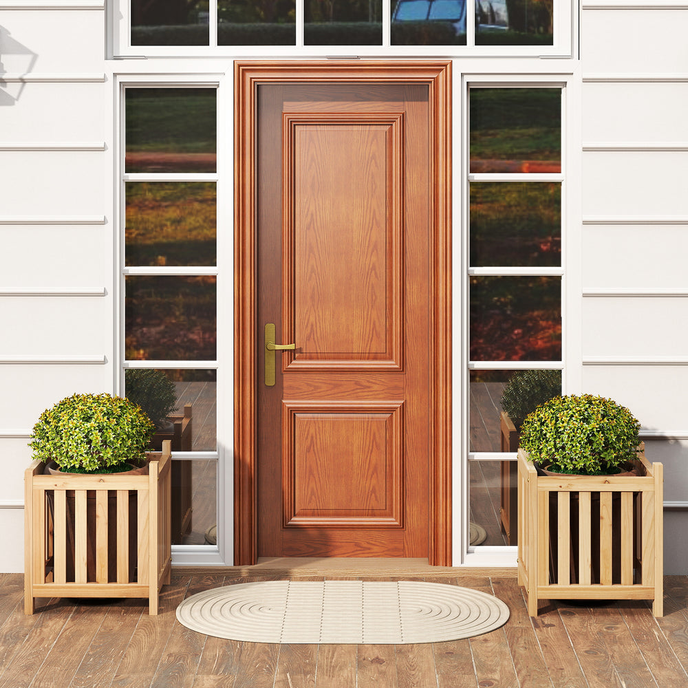 Natural fir wood patio bench with two flower boxes, perfect for outdoor seating and planting in gardens or backyards.