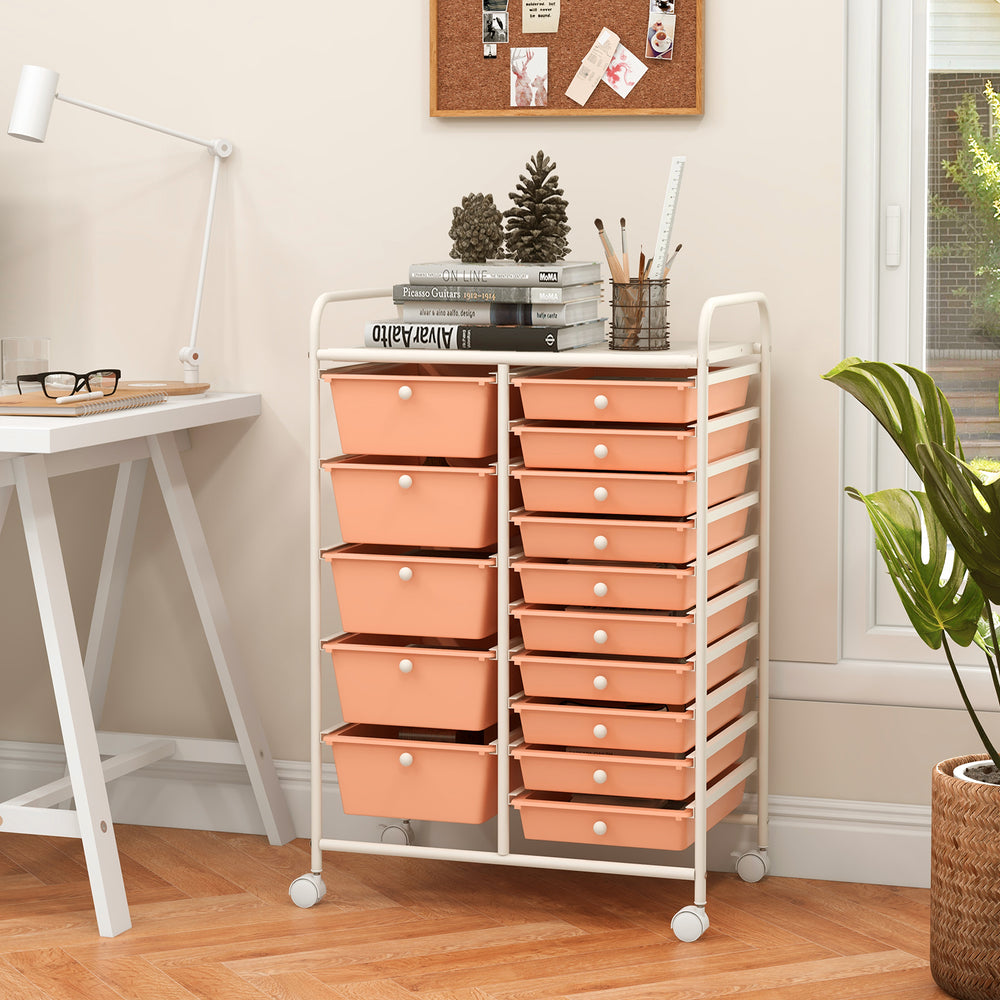 15-Drawer Utility Rolling Organizer Cart Multi-Use Storage-Peach - Gallery View 1 of 11