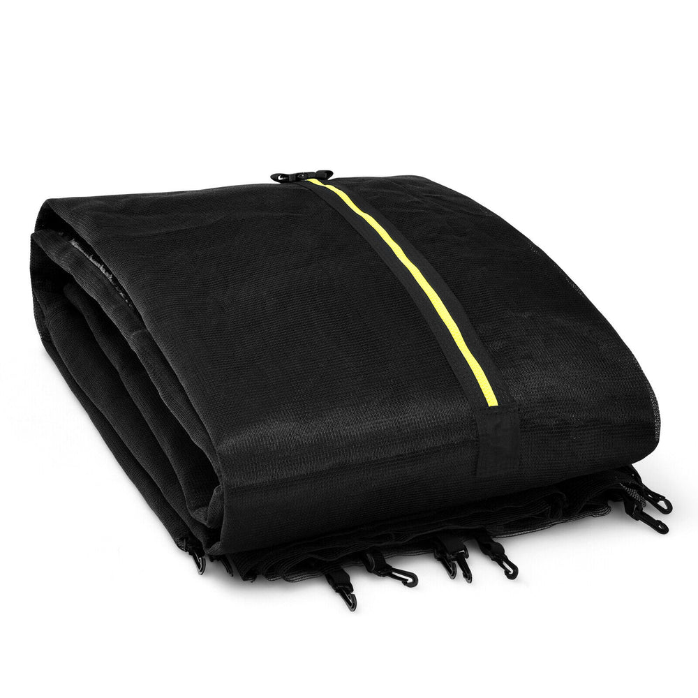 Folded black trampoline replacement safety net for 15/16 feet round trampolines, made of durable PE material.