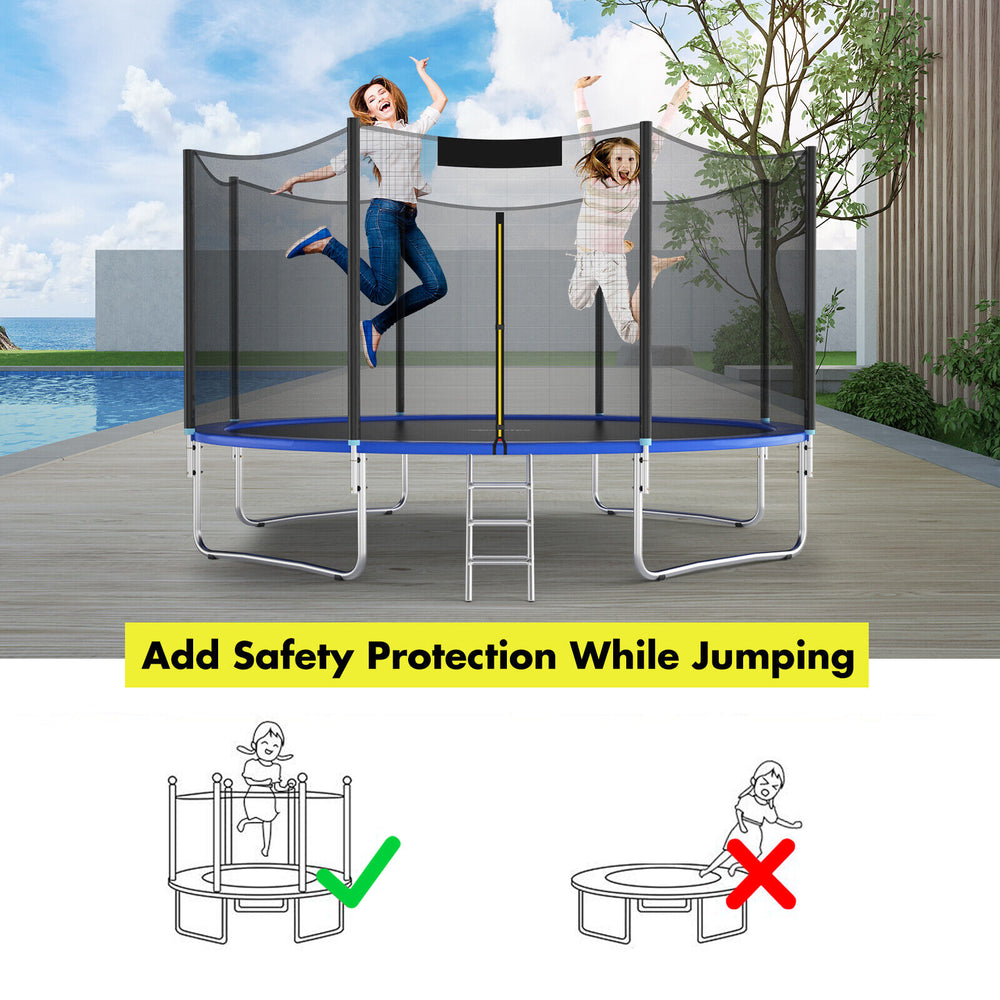 15-foot trampoline safety net with double-headed zipper door and safety buckles for enhanced protection while jumping.