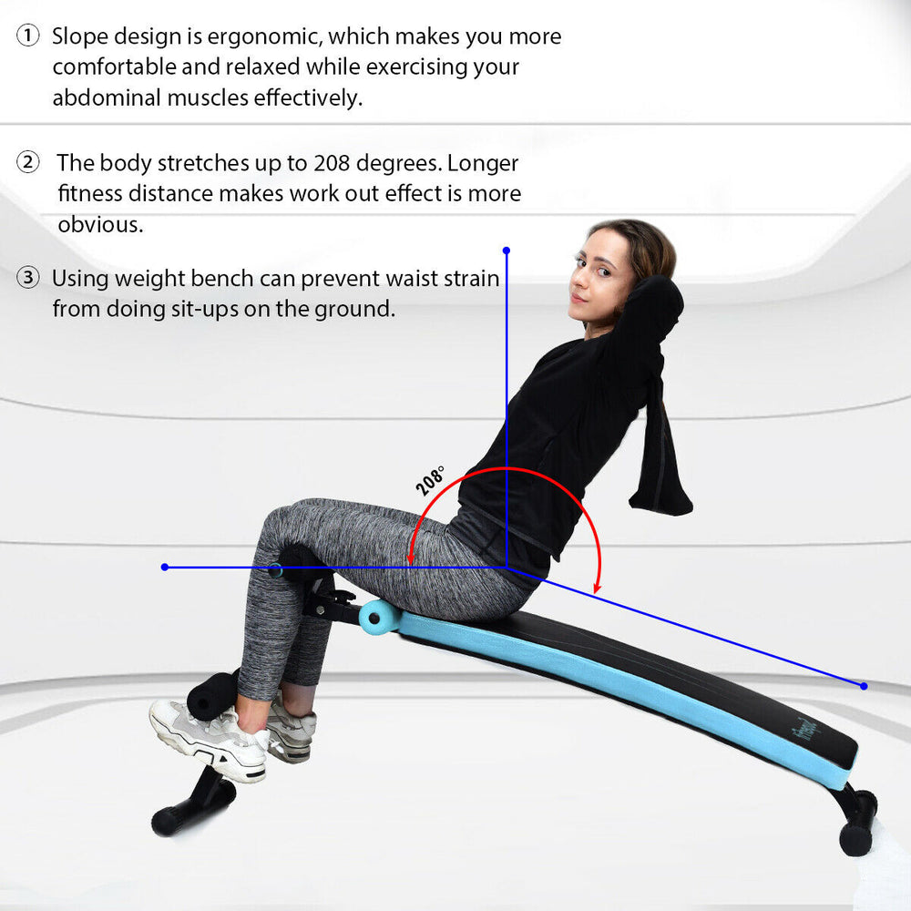 Adjustable folding weight bench in blue for sit-ups, featuring ergonomic design and four incline positions for.