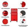 Red rolling cabinet storage chest with ball-bearing slides, lockable design, and four hanging hooks for garage.