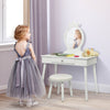 White kids vanity makeup table set featuring a charming crown-shaped mirror and sturdy design, perfect for playful.