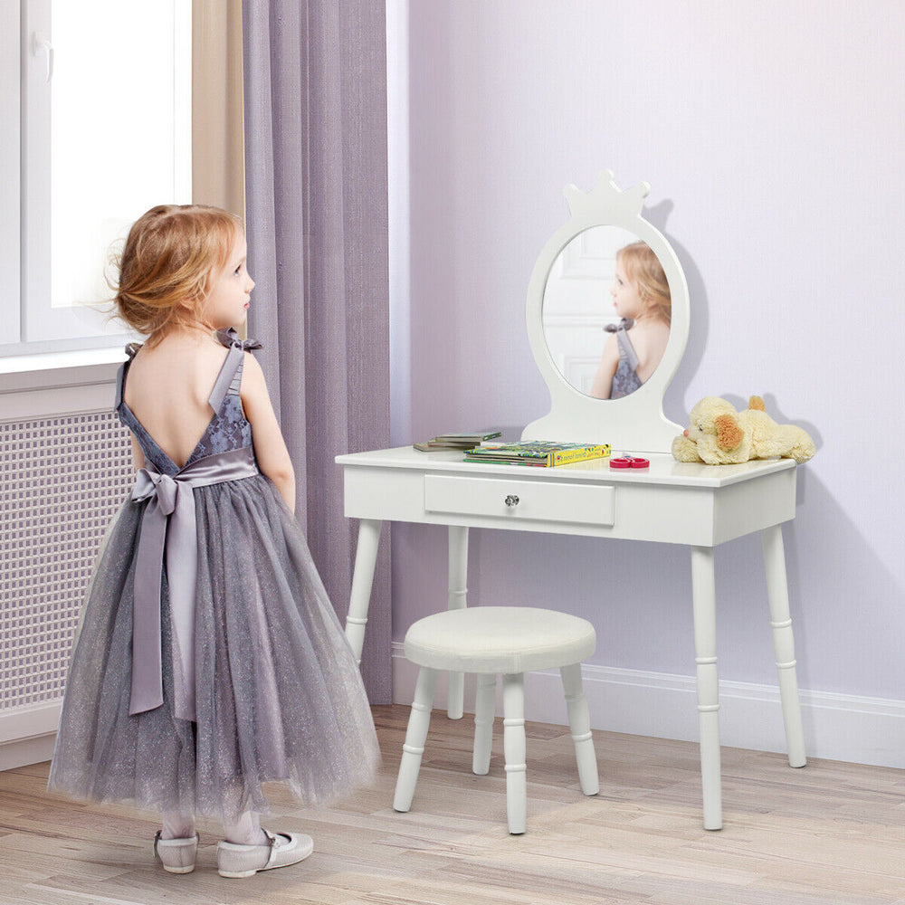 White kids vanity makeup table set featuring a charming crown-shaped mirror and sturdy design, perfect for playful.