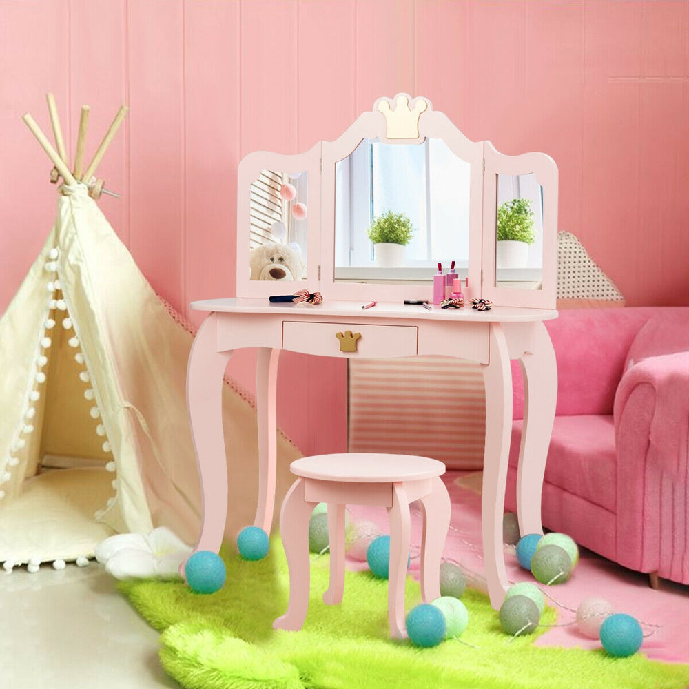 Tri-folding mirror of a pink kids makeup dressing table set, featuring a sturdy stool and elegant design for playful.