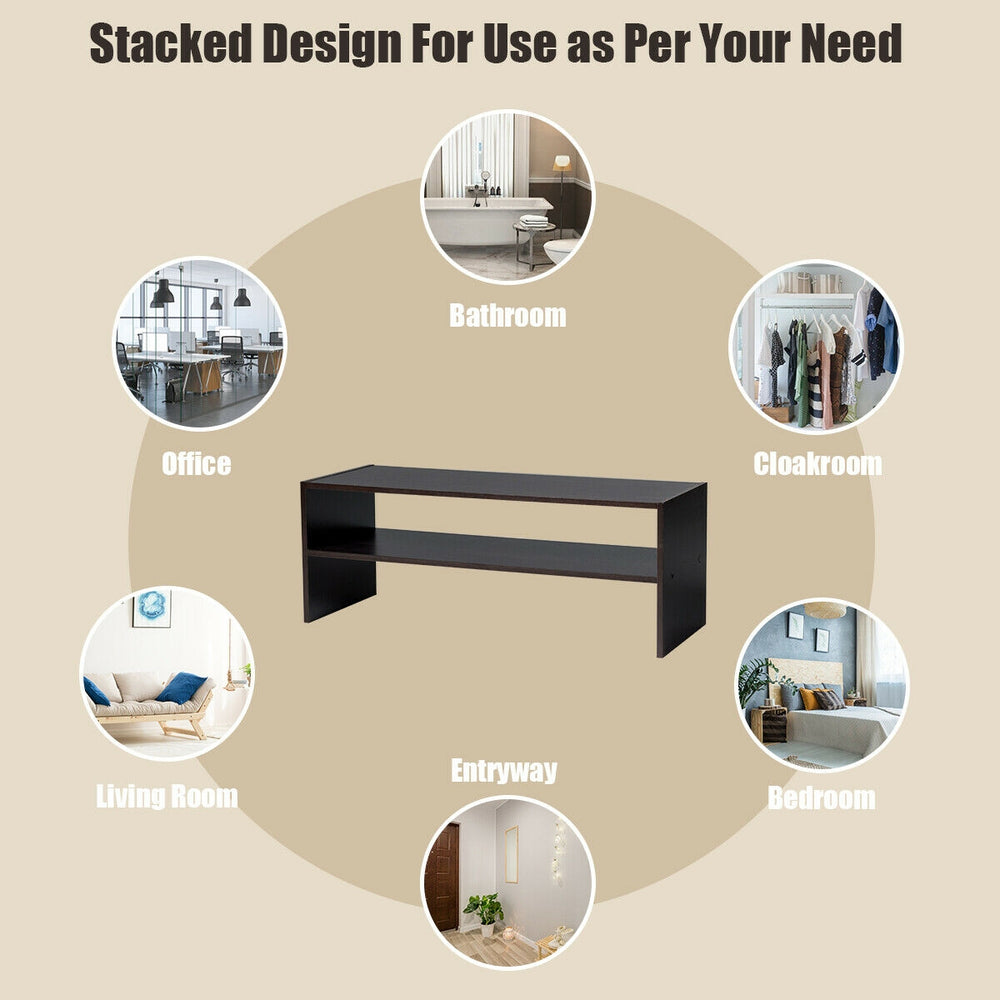 Stackable 31-inch shoe rack in brown, made of waterproof chipboard, ideal for living room or bedroom storage.