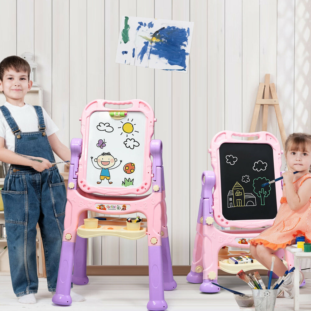 Height Adjustable Kids Art Easel Magnetic Double Sided Board-Pink - Gallery View 1 of 12