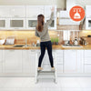 Kids step stool with armrest in gray, featuring non-slip steps and safety handrails for independent use in the kitchen.