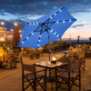 Blue 9-foot solar LED lighted patio umbrella with tilt adjustment, perfect for outdoor dining and shade.