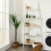 5-tier white wall-leaning ladder shelf with plants and decor, ideal for storage and display in any room.