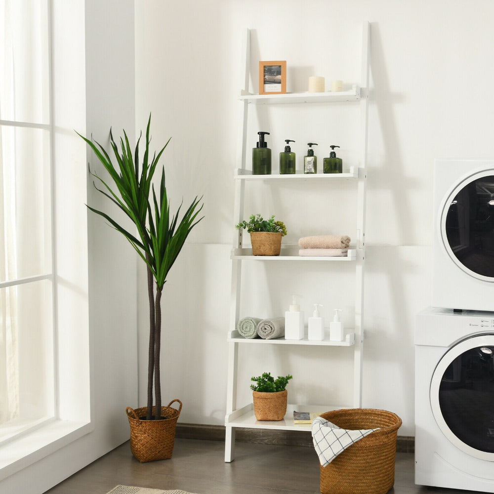 5-Tier Wall-leaning Ladder Shelf  Display Rack for Plants and Books-White - Gallery View 1 of 12