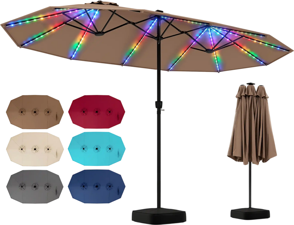 Extra-large 15.5FT brown patio umbrella with 144 LED lights, 12 reinforced ribs, and a sturdy base for outdoor stability.
