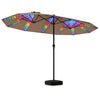 Extra-large 15.5FT brown patio umbrella with 144 LED lights and 12 reinforced ribs, perfect for outdoor relaxation.
