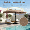 15.5FT extra-large brown patio umbrella with 12 reinforced ribs, solar-powered lights, and a sturdy base for outdoor use.