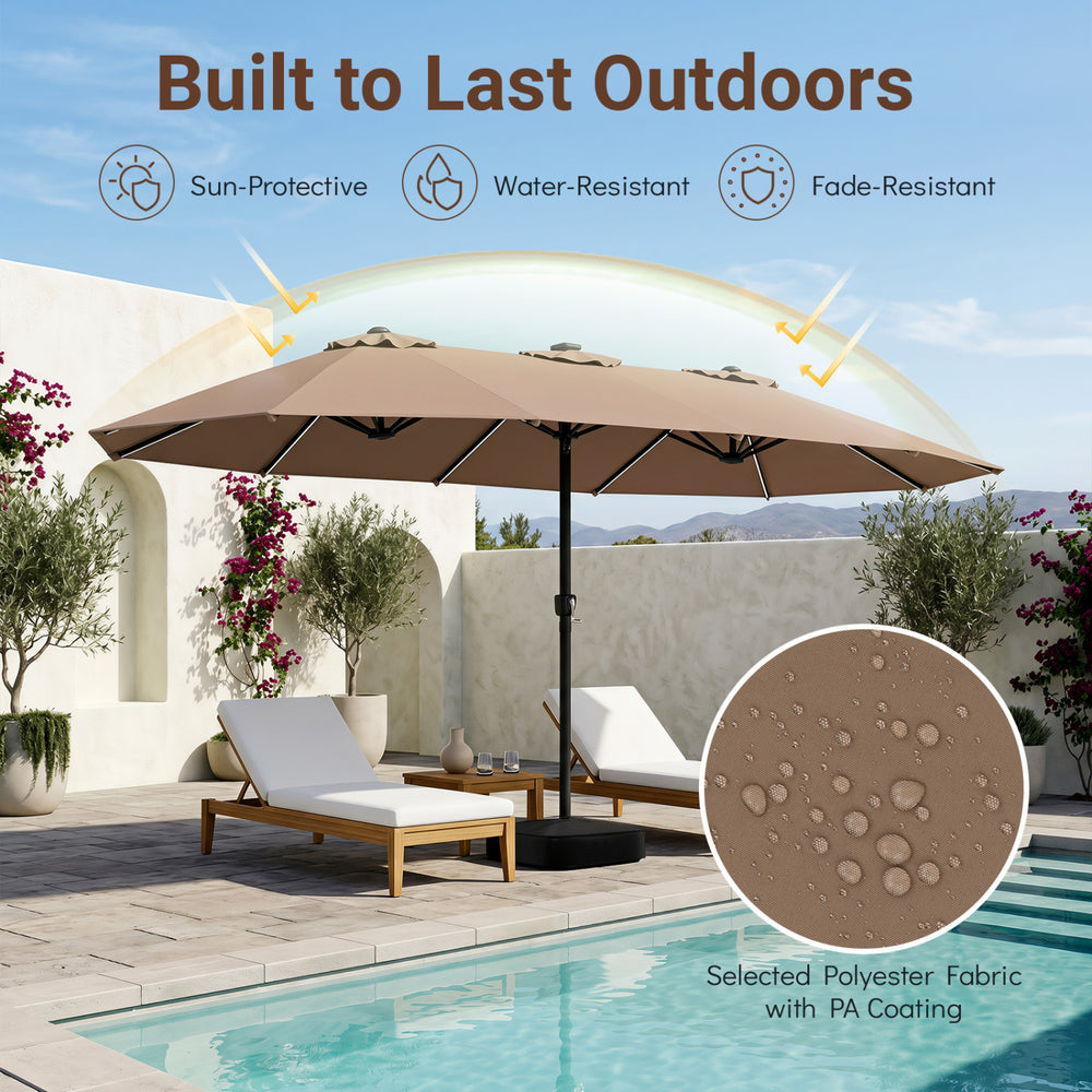 15.5FT extra-large brown patio umbrella with 12 reinforced ribs, solar-powered lights, and a sturdy base for outdoor use.