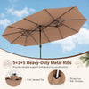 Extra-large 15.5FT brown patio umbrella with 12 reinforced ribs and solar-powered LED lights for outdoor relaxation.
