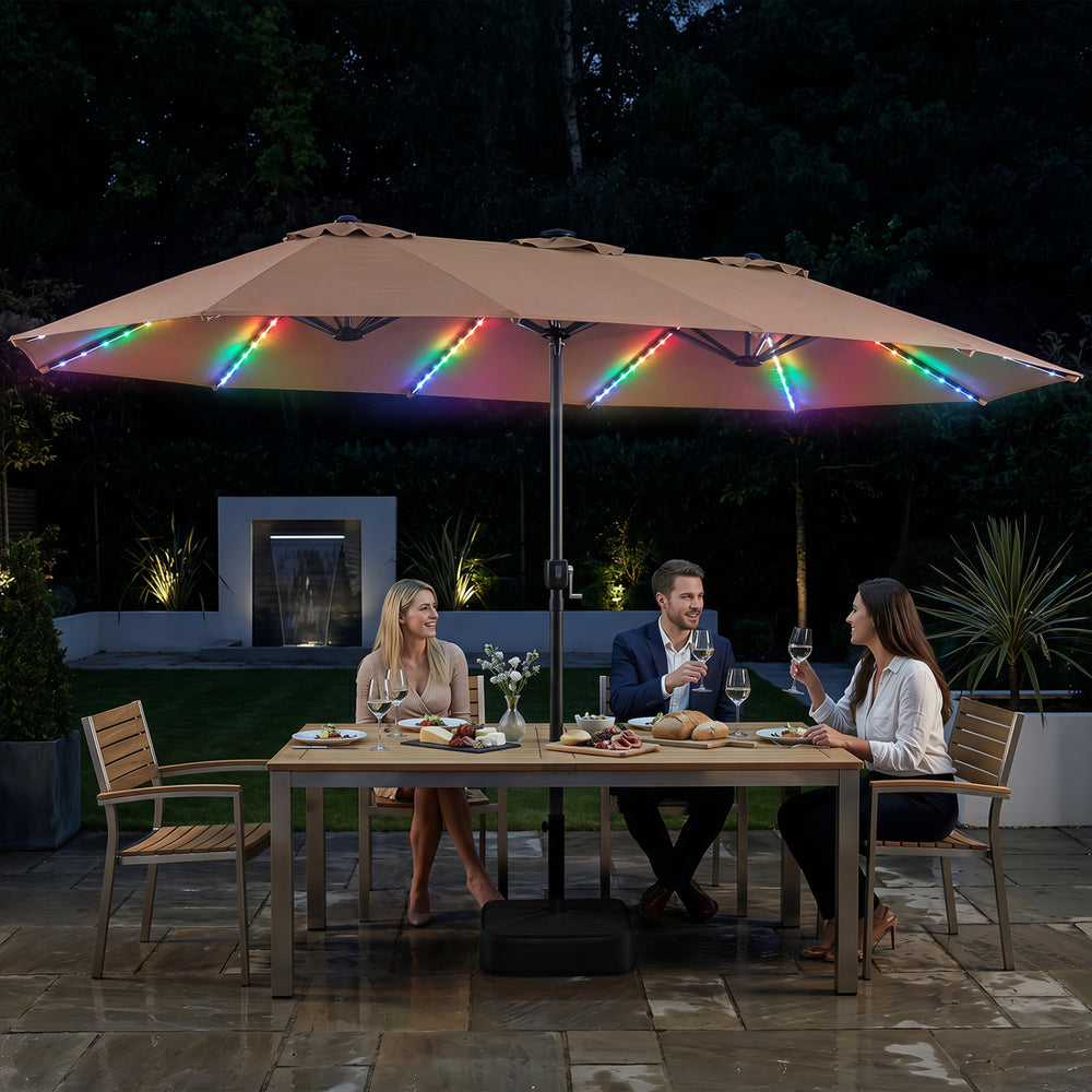 Extra-large 15.5FT brown patio umbrella with 144 LED lights, ideal for enhancing outdoor dining experiences.