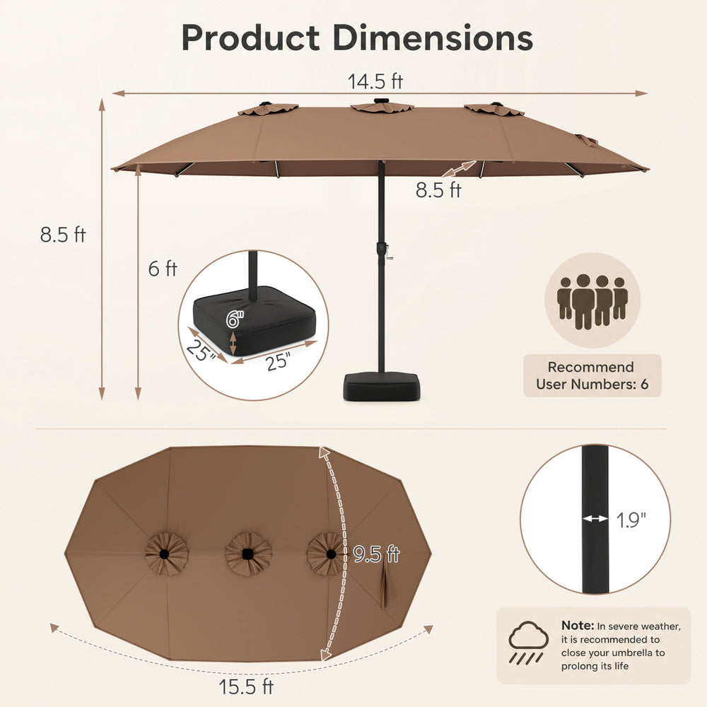 Extra-large 15.5FT brown patio umbrella with 12 reinforced ribs and solar-powered LED lights, ideal for outdoor spaces.