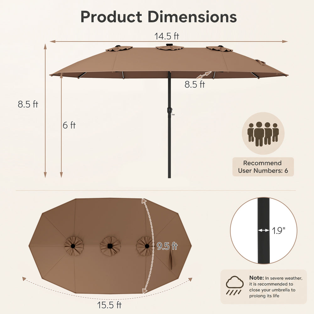 Extra-large 15.5FT brown patio umbrella with 12 reinforced metal ribs and a spacious 15.5 x 9.5 ft canopy for outdoor comfort.