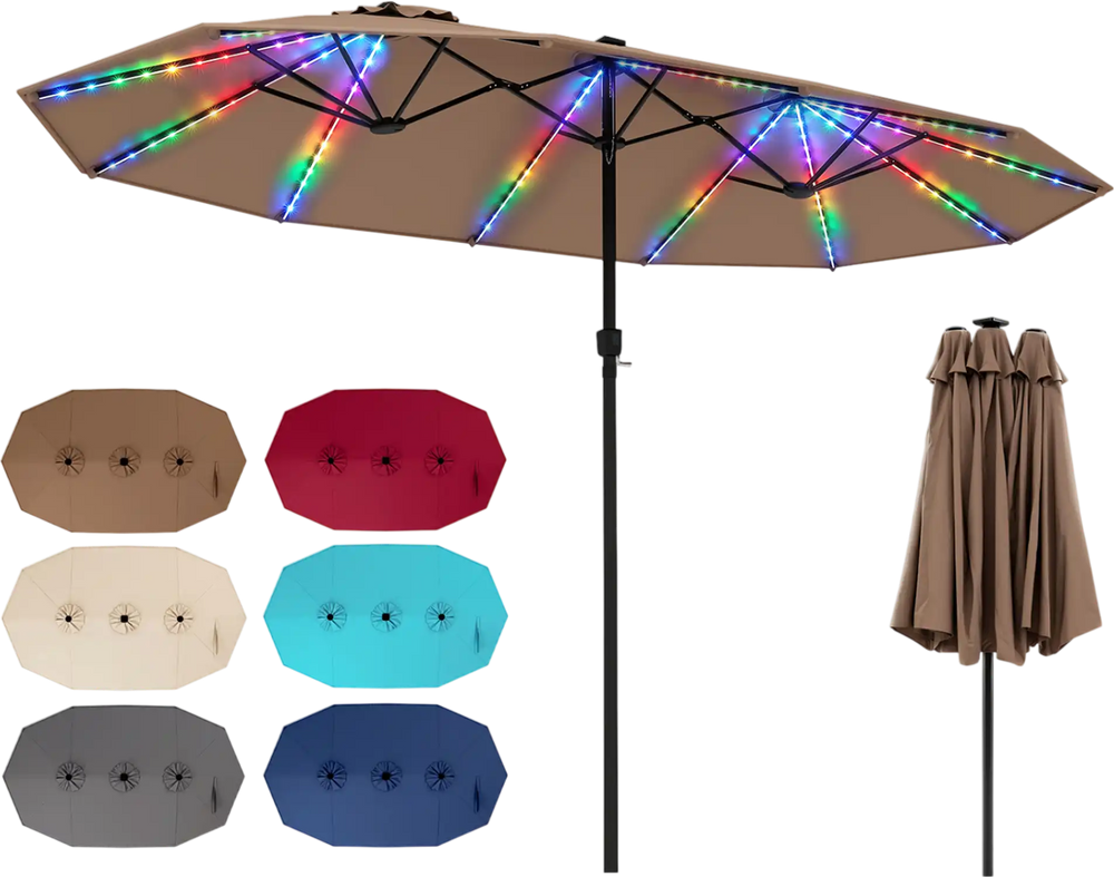 Extra-large 15.5FT brown patio umbrella with 144 LED lights, 12 reinforced ribs, and a convenient crank handle for easy use.