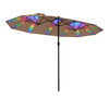 Extra-large 15.5FT brown patio umbrella with 144 LED beads, 12 reinforced ribs, ideal for gardens and backyards.