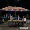 Extra-large 15.5FT brown patio umbrella with 144 LED beads and 12 reinforced metal ribs, perfect for outdoor gatherings.