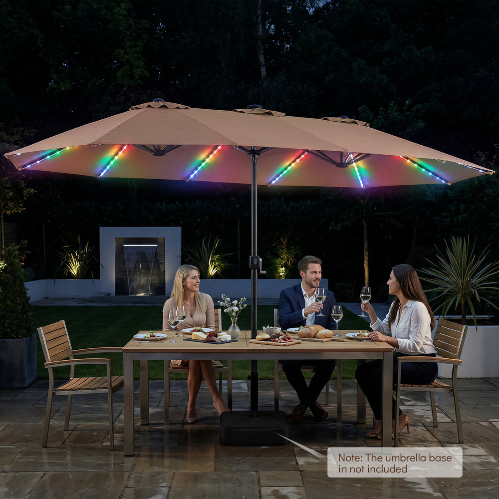Extra-large 15.5FT brown patio umbrella with 144 LED beads and 12 reinforced metal ribs, perfect for outdoor gatherings.
