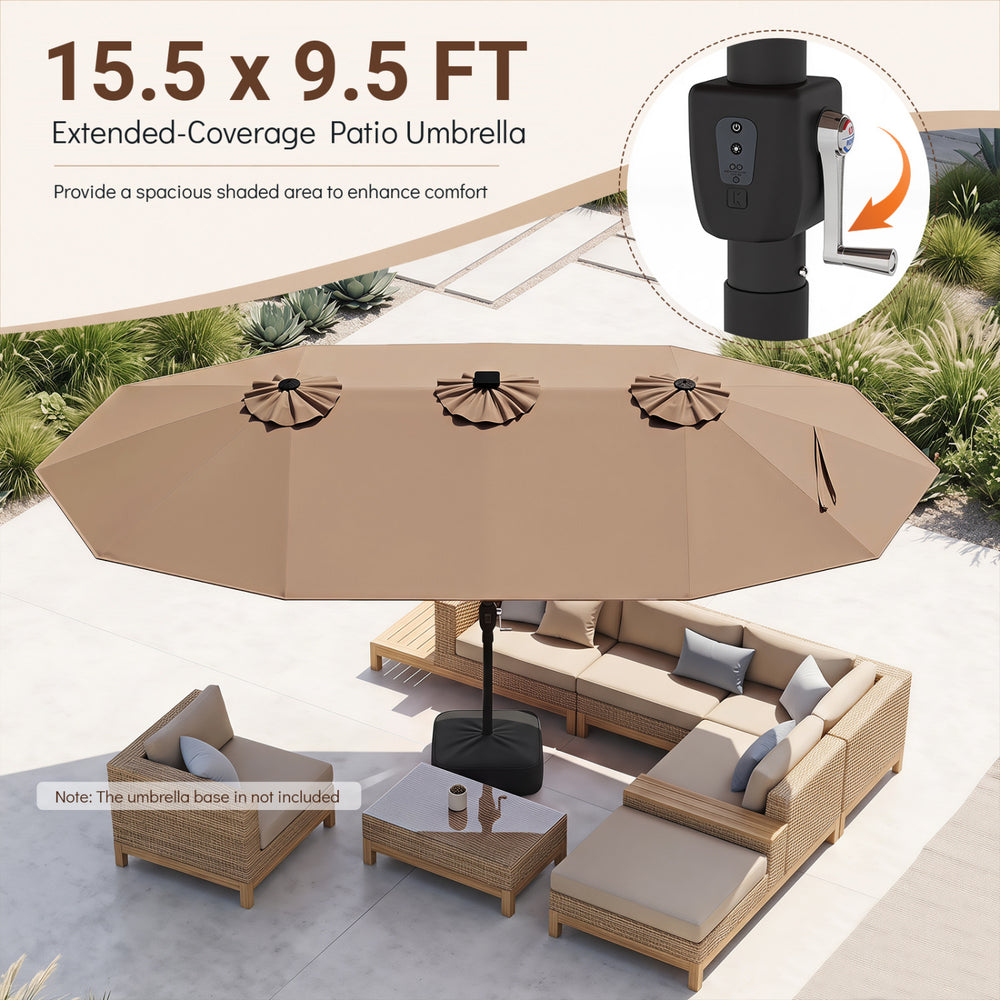 Extra-large 15.5 x 9.5 ft brown patio umbrella with 12 reinforced metal ribs, ideal for providing shade in outdoor spaces.