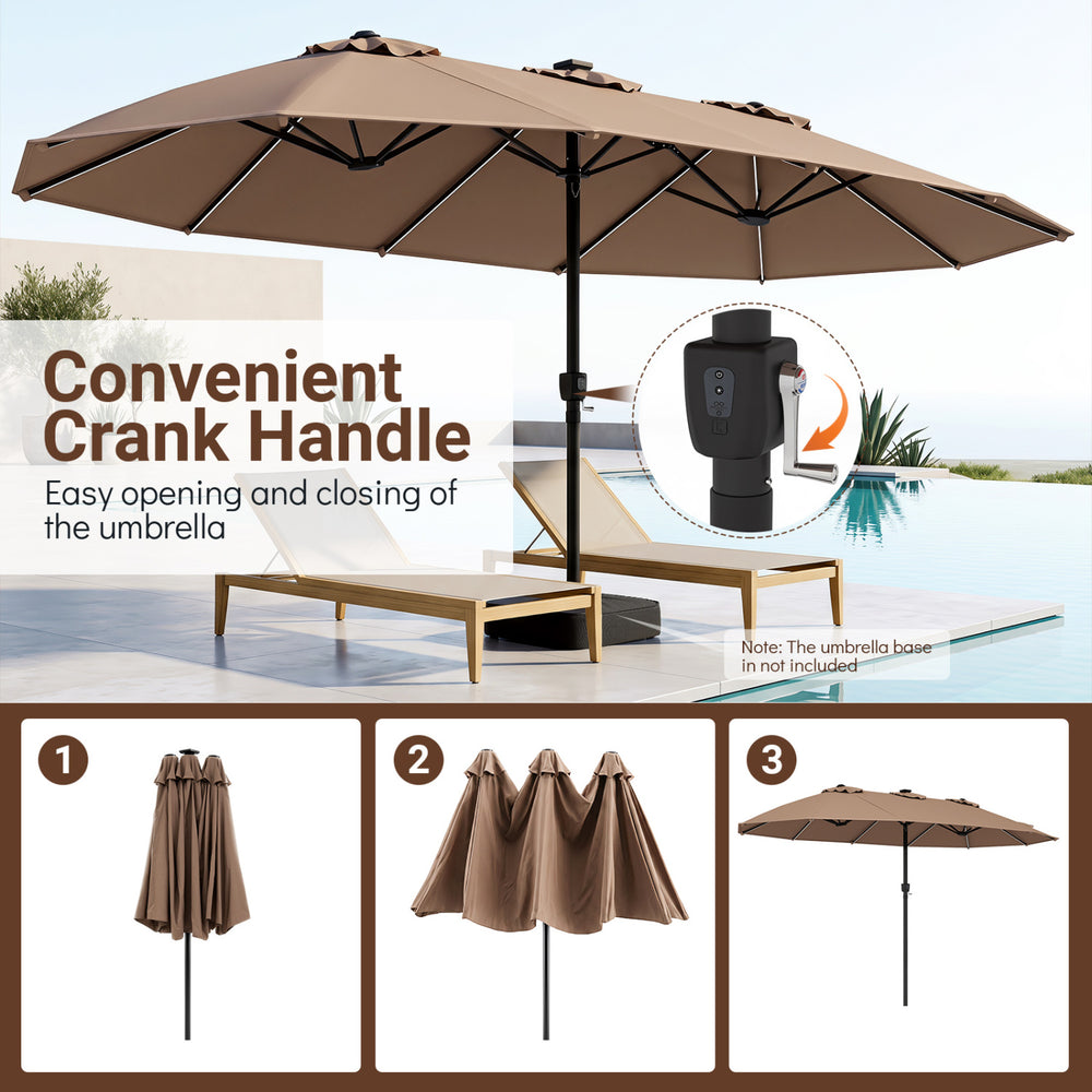 15.5FT extra-large brown patio umbrella with a convenient crank handle and 12 reinforced metal ribs for reliable support.