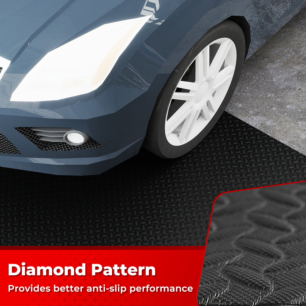 Close-up of a textured PE garage mat, 15.5 x 7.7 ft, featuring a diamond pattern for enhanced anti-slip performance.