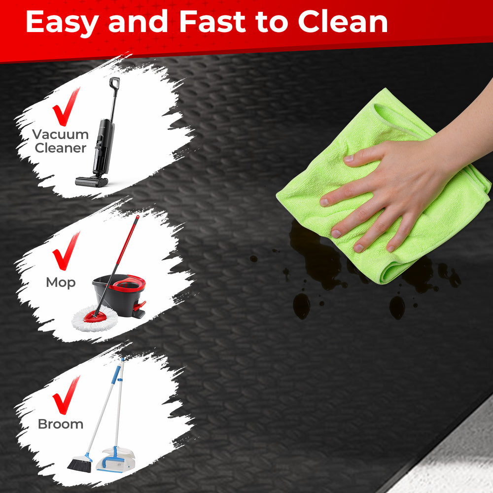 Textured 7 mm thick PE garage tool mats, easy to clean with vacuum, mop, or broom, ideal for various spaces.