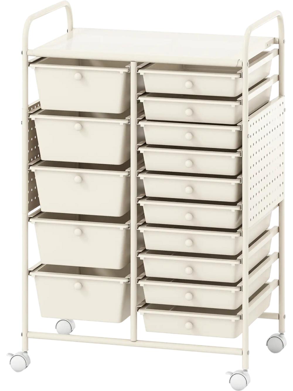 Close-up view of the 15-drawer rolling storage cart's smooth drawer tracks and knobs for easy access in versatile.