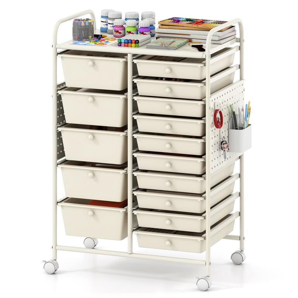 15-drawer rolling storage cart in white with metal tabletop and pegboard, ideal for organizing various items in any.
