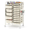 15-drawer rolling storage cart in white with metal tabletop and pegboard, ideal for organizing various items in any.