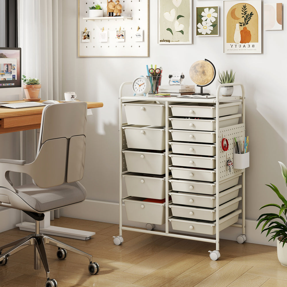 15-drawer rolling storage cart in white with metal tabletop, pegboard, and wheels for versatile organization in any.