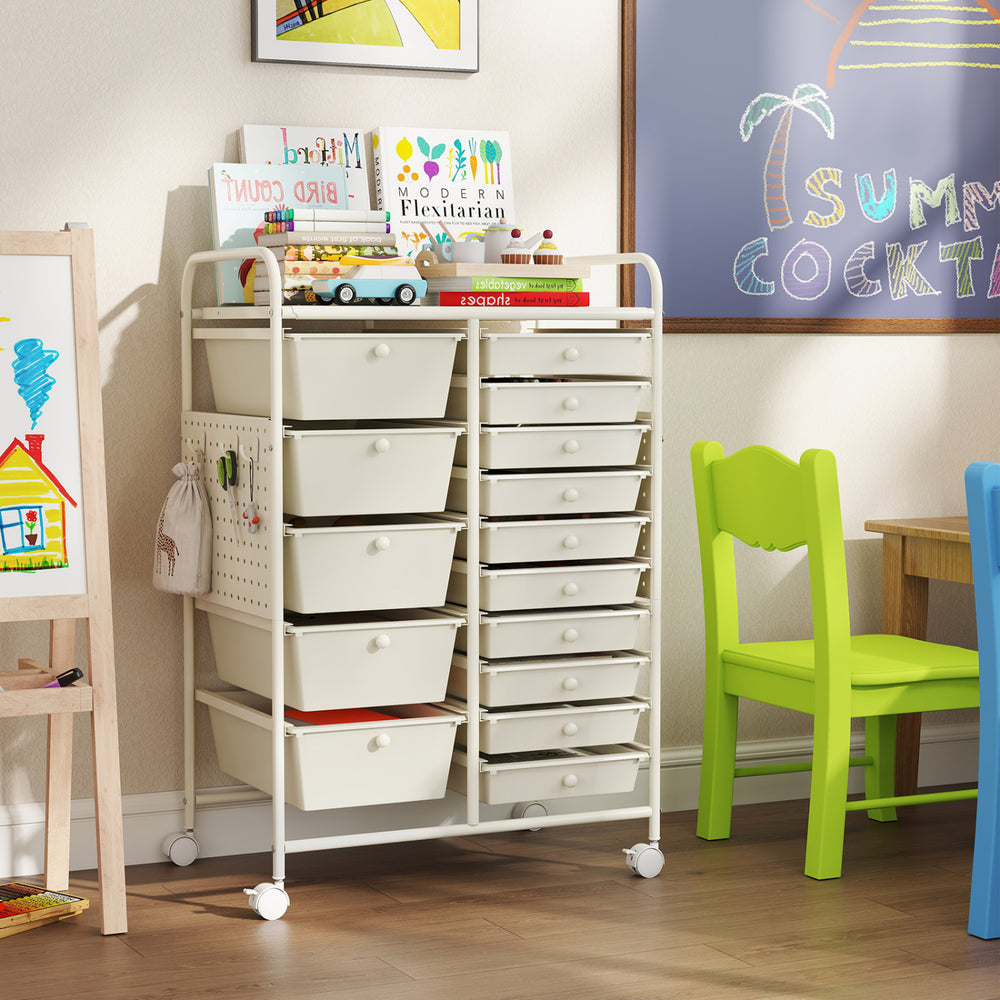 15-drawer rolling storage cart in white with metal tabletop and pegboard, perfect for organizing in various spaces.