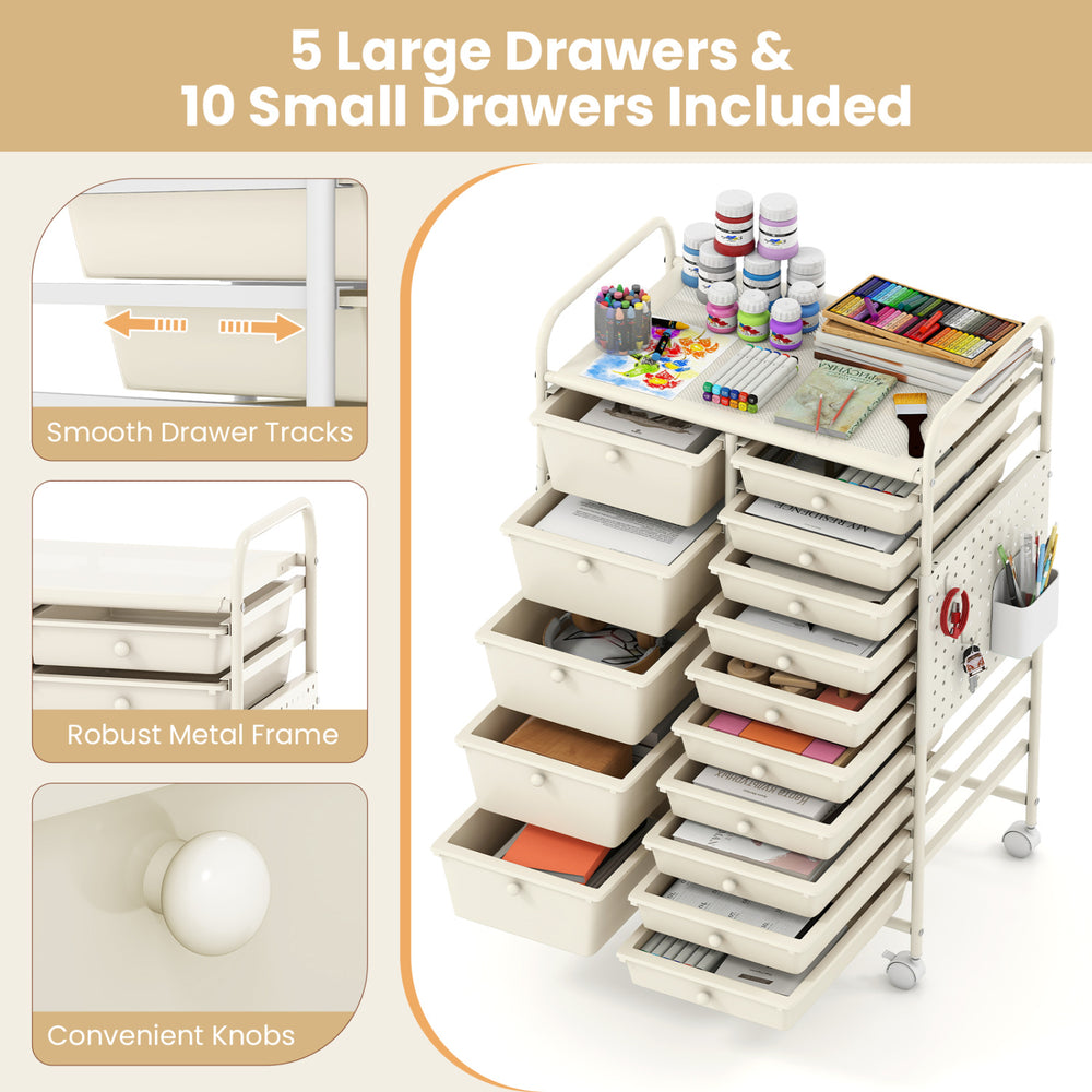 15-drawer rolling storage cart in white with metal tabletop, featuring 5 large and 10 small drawers for versatile.
