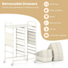 15-drawer rolling storage cart with metal tabletop and pegboard, ideal for organizing office supplies and classroom.