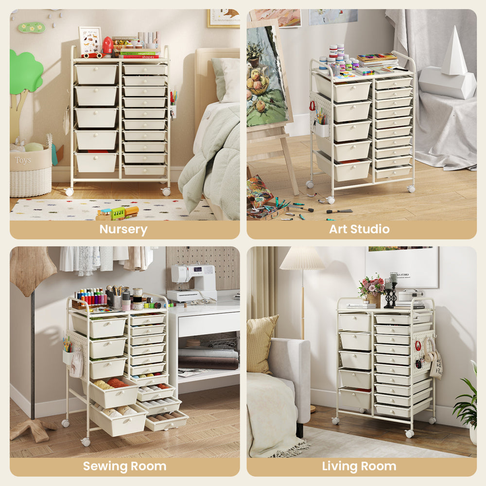 15-drawer rolling storage cart with metal tabletop and pegboard, ideal for organizing in nurseries, studios, or living.